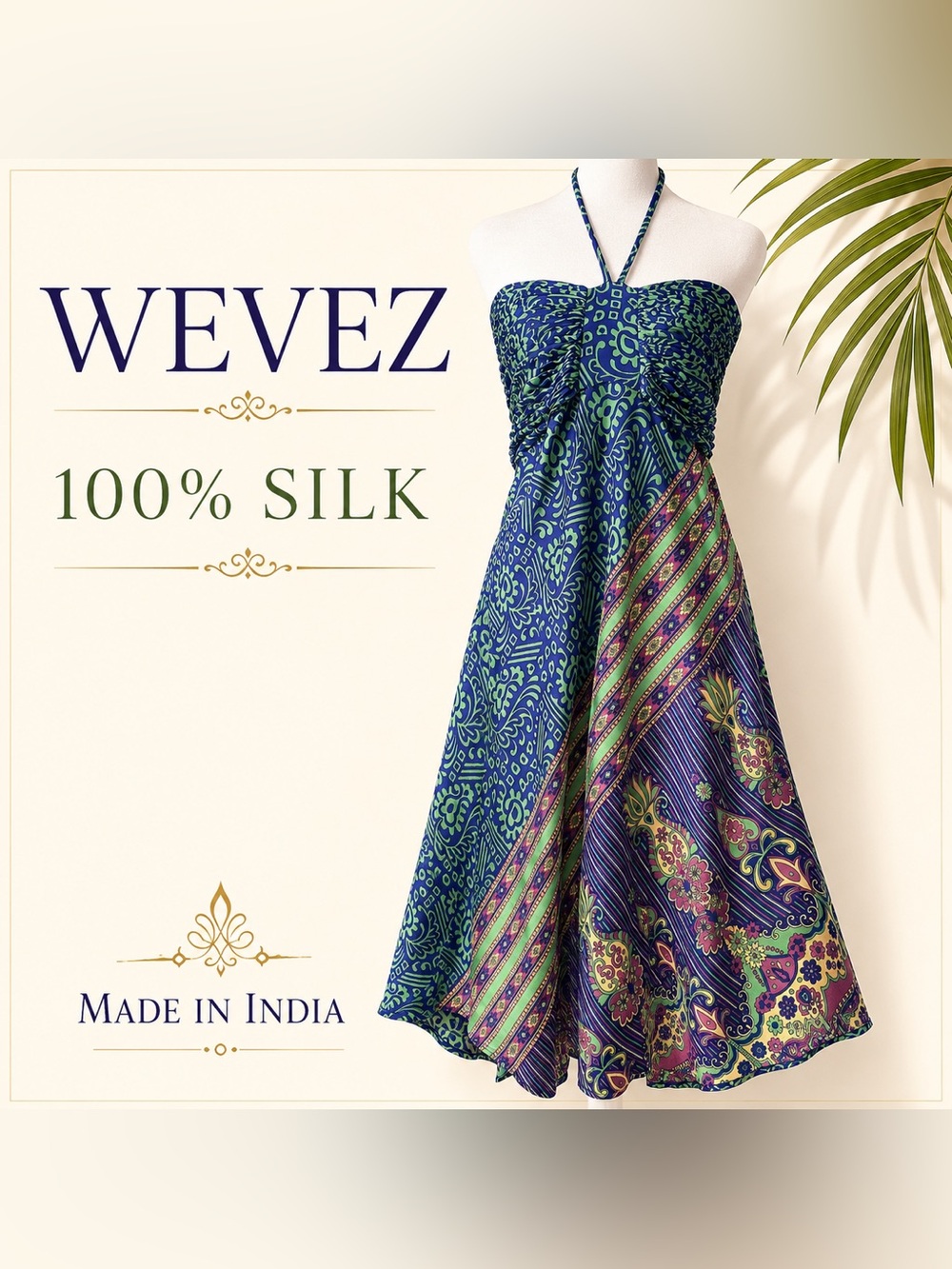 WEVEZ Strapless Silk Summer Dress in Blue & Green
